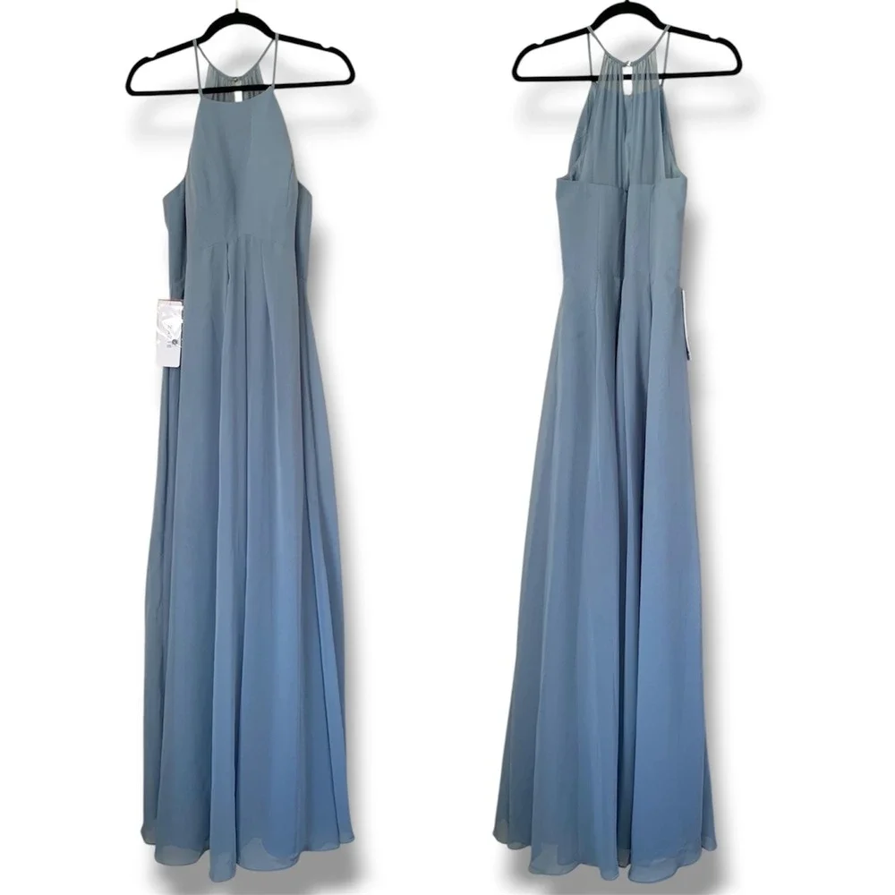 NWT Azazie Sarah Bridesmaid Dress 10 Dusty Blue Halter Chiffon Maxi Formal Gown‎